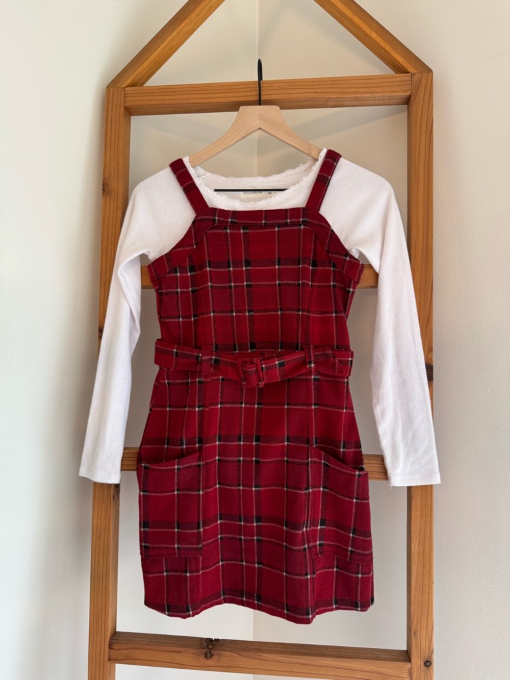 Abercrombie & Fitch Red Plaid Pinafore Dress with White Long Sleeve Layer